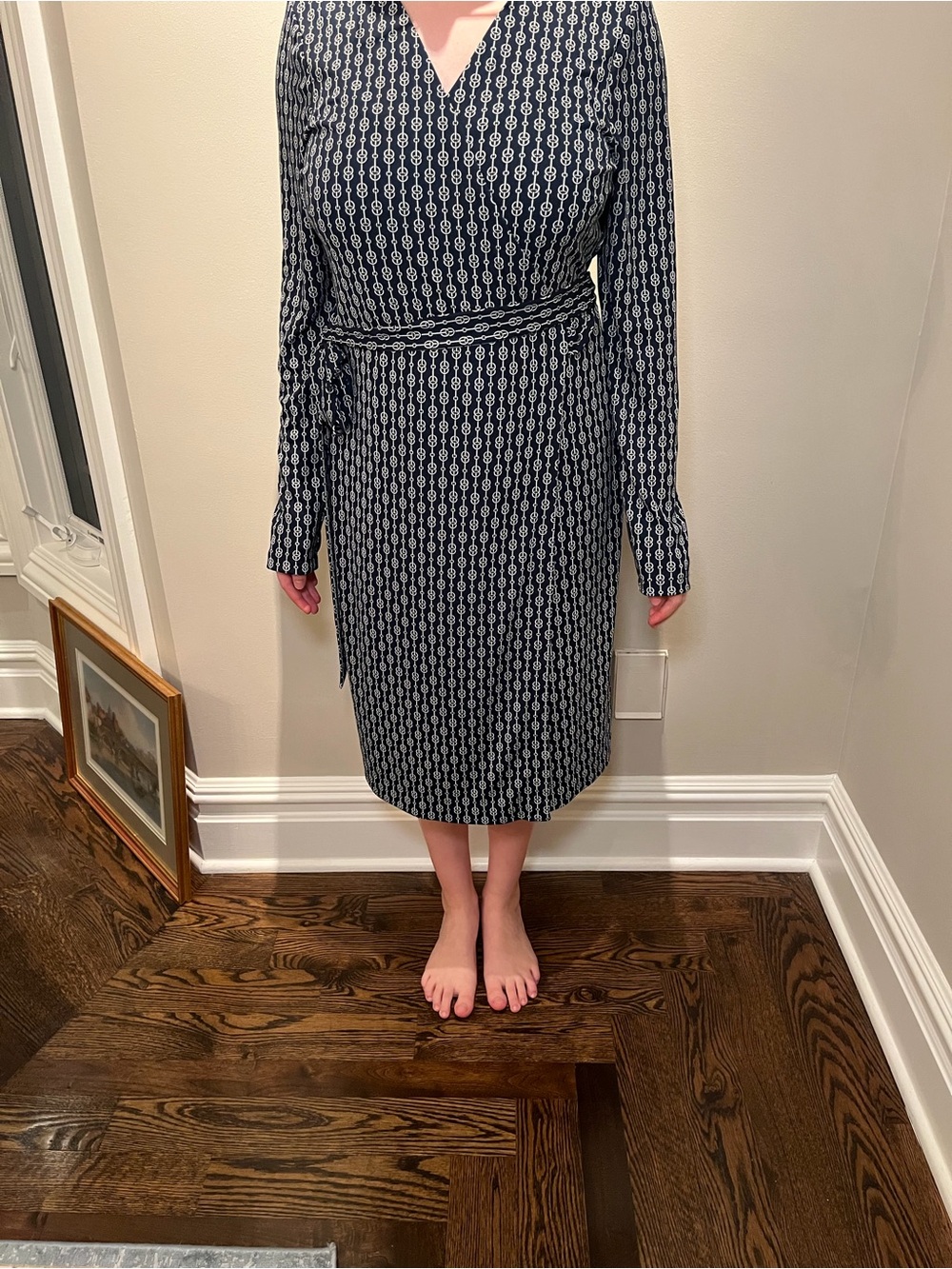 Ann Taylor Navy and White Long-Sleeve Wrap Dress